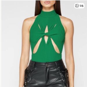 Maniere De Voir green ribbed cutout bodysuit top mock neck small